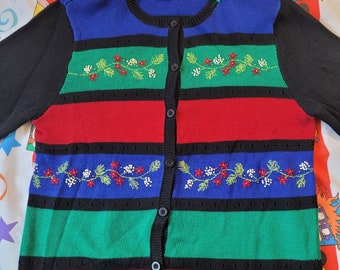 Vintage Striped Christmas Cardigan  Sweater by Alfred Dunner Womens sz medium grandma knit y2k 2000s