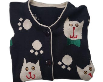 Cardigan lavorato a maglia con gatto AOP d'epoca