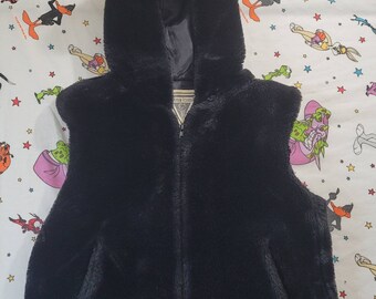 Vtg Black Faux Fur Hoodie Full Zip Vest sz MEDIUM made in USA by Marvin Richards