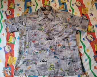 Vtg Hawaiian Shirt Aloha AOP  button down Casual Shirt Size XL  fishing