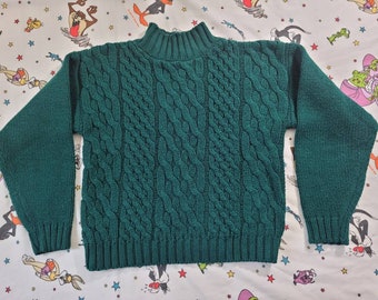 Vtg Green Cable Knit mock neck Sweater by punctuation Sz Small  hunter Forest green chunky knit