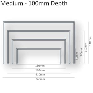 May include: Diagram showing four different sizes of rectangular frames with measurements in inches. The frame is 100mm deep. The frame sizes are 150mm, 180mm, 210mm, and 240mm.