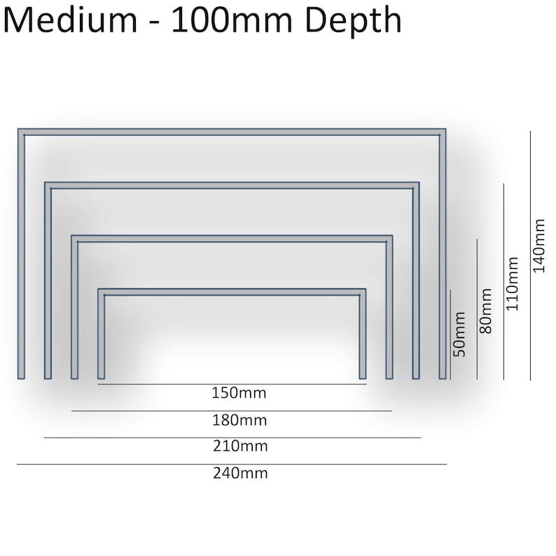 May include: Diagram showing four different sizes of rectangular frames with measurements in inches. The frame is 100mm deep. The frame sizes are 150mm, 180mm, 210mm, and 240mm.