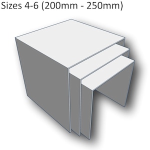 Może przedstawiać: Trzy szare stoliki gniazdowe, największy o wymiarach 20 cm x 20 cm, średni 18 cm x 18 cm, a najmniejszy 15 cm x 15 cm. Rozmiary 4-6 (200 mm - 250 mm)