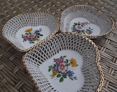 Vintage Romanian porcelain candy dish Heart Dish Basket Weave Romanian Antique Hand Painted Floral Basket Weave Bowl Bisque