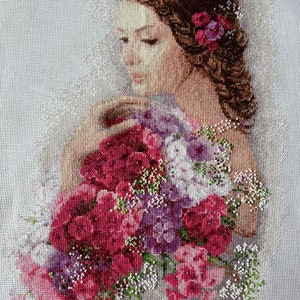 Finished completed Cross stitch embroidery Tapestry Embroidered picture counting cross Beautiful young girl woman with a bouquet portrait
