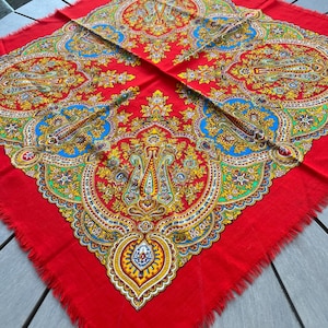 Bufanda rusa de lana ucraniana, chal antiguo vintage con flores soviéticas, pañuelo rumano, babushka