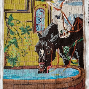 Embroidered with a counted crosspicture Finished completed Cross stitch needlepoint Handmade Horses horse knight steed courser hoss