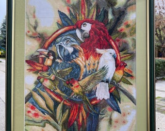 Ukrainian Embroidered Picture "parrots" Finished completed Cross stitch embroidery counting cross  Valentine's Day Gift  Christmas present