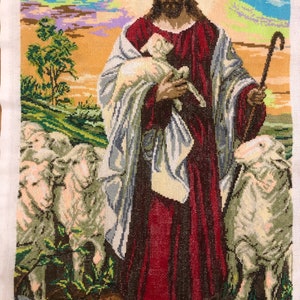 enorme dipinto religioso punto croce Gesù Cristo Salvatore Signore Dio Finito Completato Immagine ricamata a punto croce Pastore con pecora immagine 4