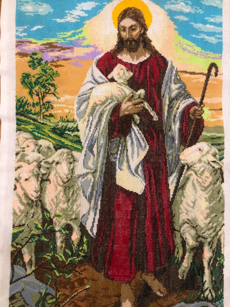 enorme dipinto religioso punto croce Gesù Cristo Salvatore Signore Dio Finito Completato Immagine ricamata a punto croce Pastore con pecora immagine 4