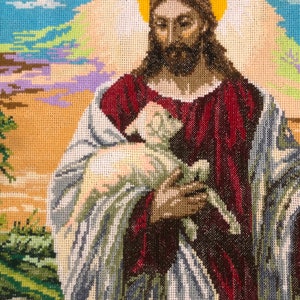 enorme dipinto religioso punto croce Gesù Cristo Salvatore Signore Dio Finito Completato Immagine ricamata a punto croce Pastore con pecora immagine 5