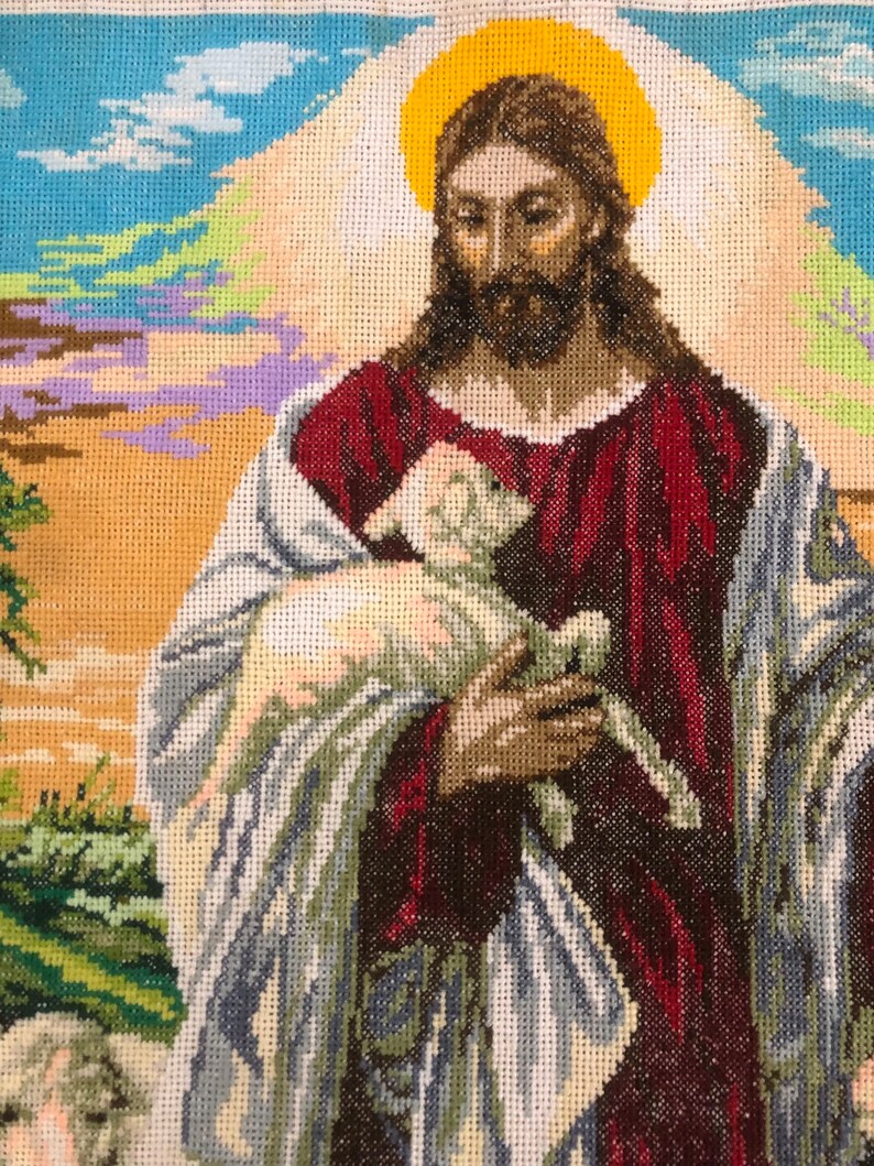 enorme dipinto religioso punto croce Gesù Cristo Salvatore Signore Dio Finito Completato Immagine ricamata a punto croce Pastore con pecora immagine 5