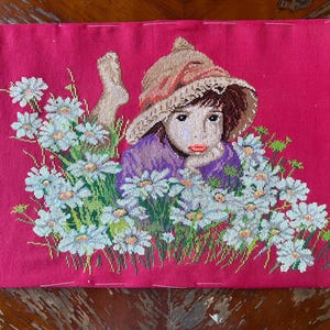 Finished completed Cross stitch embroidery Tapestry Embroidered picture counting cross Beautiful young girl in a meadow among daisies