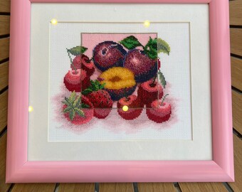 Finished Completed cross stitch handmade embroidered Picture embroidered with threads and beads strawberry cherry plum Still life Gift