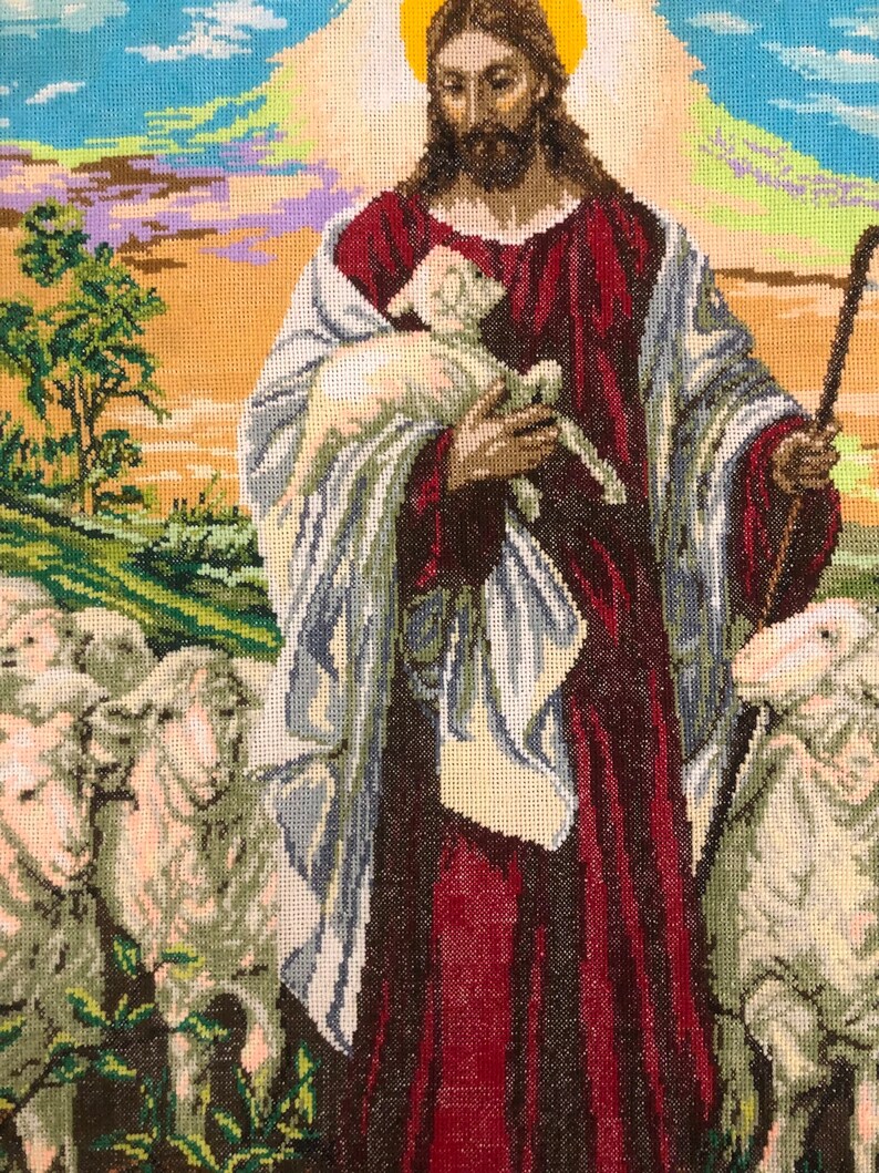 enorme dipinto religioso punto croce Gesù Cristo Salvatore Signore Dio Finito Completato Immagine ricamata a punto croce Pastore con pecora immagine 6