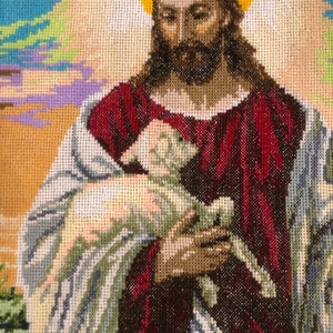 enorme dipinto religioso punto croce Gesù Cristo Salvatore Signore Dio Finito Completato Immagine ricamata a punto croce Pastore con pecora immagine 9