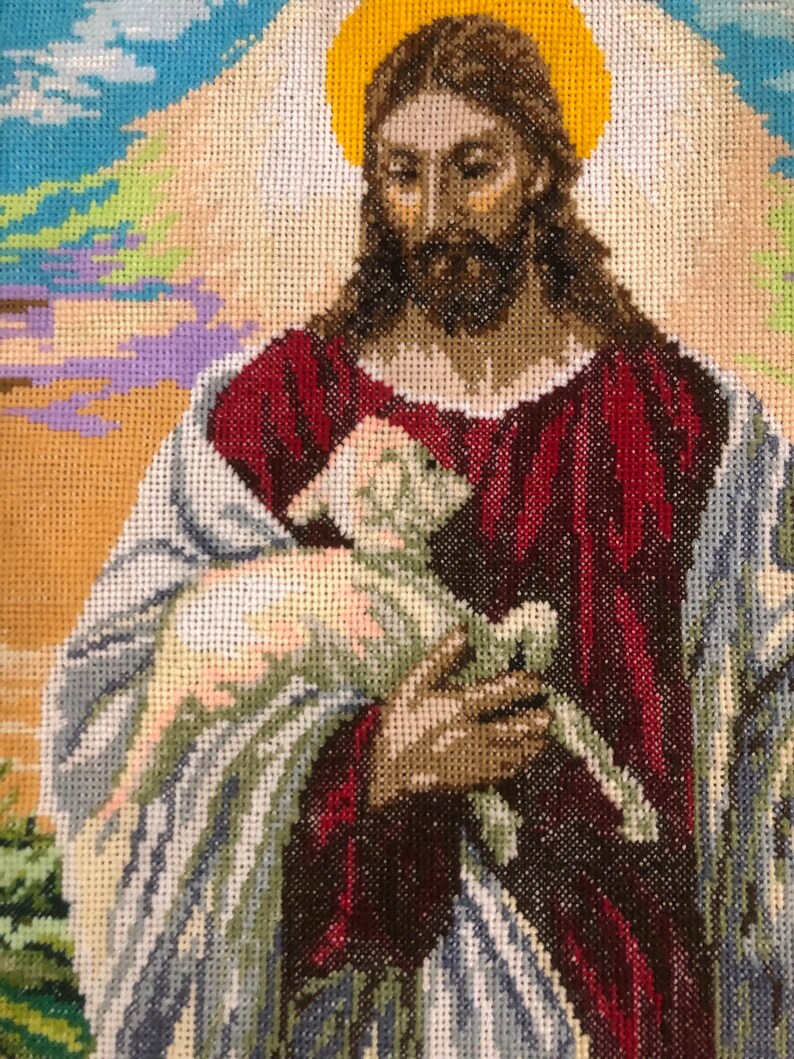 enorme dipinto religioso punto croce Gesù Cristo Salvatore Signore Dio Finito Completato Immagine ricamata a punto croce Pastore con pecora immagine 9