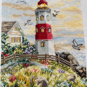 Ukraine Ukrainian completed Cross stitch embroidery Embroidered picture counting cross Seascape Flower embankment Present lighthouse beacon