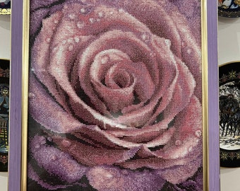 Finished picture embroidered by hand beads purple gift full sewing Majestic rose Embroidered picture Still life Wall decor