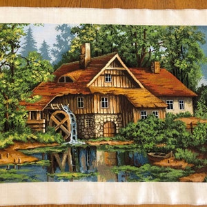 Finished completed Cross stitch finished embroidered painting embroidery counted cross stitch needlework Fairytale house water mill  gift