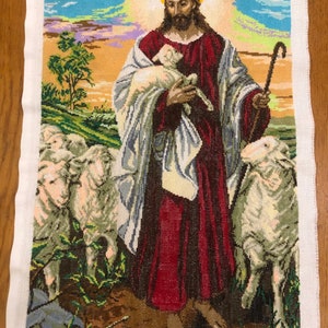 enorme dipinto religioso punto croce Gesù Cristo Salvatore Signore Dio Finito Completato Immagine ricamata a punto croce Pastore con pecora immagine 2