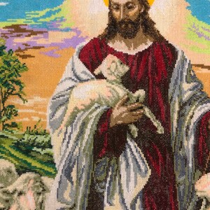 enorme dipinto religioso punto croce Gesù Cristo Salvatore Signore Dio Finito Completato Immagine ricamata a punto croce Pastore con pecora immagine 8