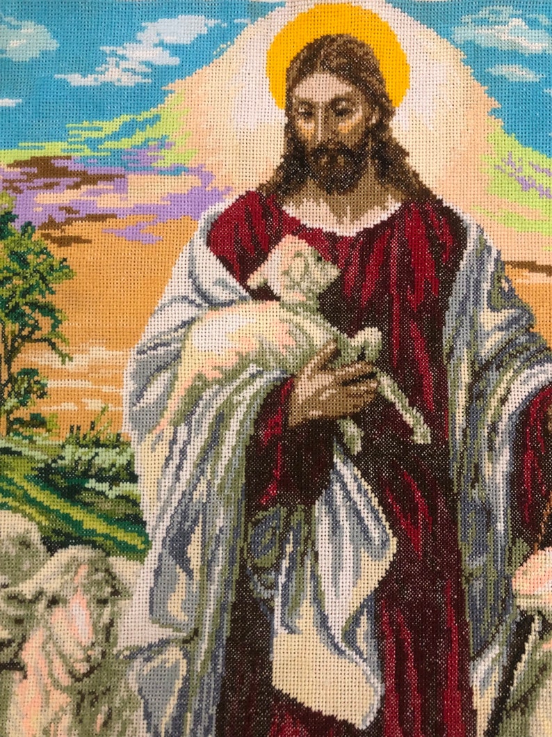 enorme dipinto religioso punto croce Gesù Cristo Salvatore Signore Dio Finito Completato Immagine ricamata a punto croce Pastore con pecora immagine 8