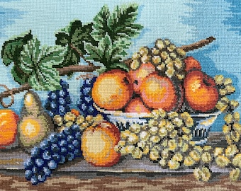 Finished completed Cross stitch Incredibly beautiful handmade embroidered Embroidered picture Still Life Fruits fruit plate Gift