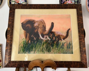 Finished picture embroidered by hand beads purple gift  Elephants Embroidered picture Wall decor