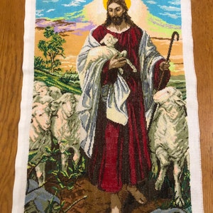 enorme dipinto religioso punto croce Gesù Cristo Salvatore Signore Dio Finito Completato Immagine ricamata a punto croce Pastore con pecora immagine 1