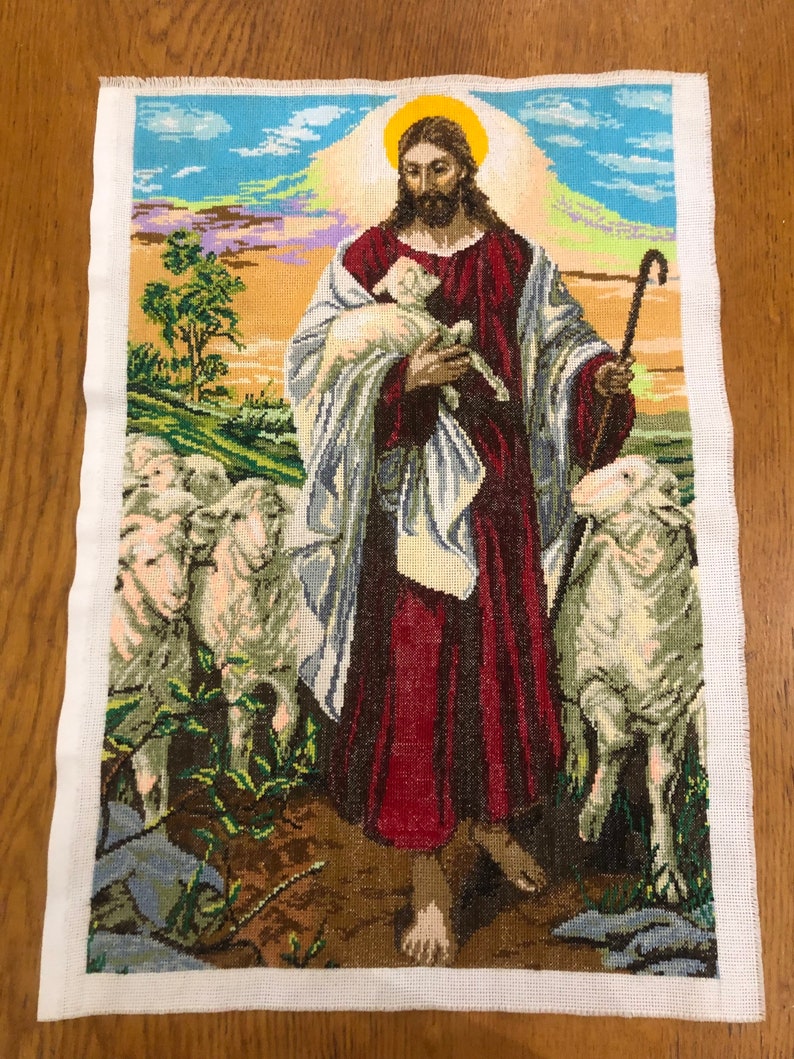 enorme dipinto religioso punto croce Gesù Cristo Salvatore Signore Dio Finito Completato Immagine ricamata a punto croce Pastore con pecora immagine 1