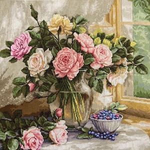 Huge New Finished completed Cross stitch embroidery Gift Embroidered picture counting cross Still life Unsurpassed roses Queen of flowers
