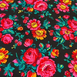 May include: Black fabric with a repeating pattern of pink, red, yellow, and green roses. The roses are arranged in clusters with green leaves and stems.