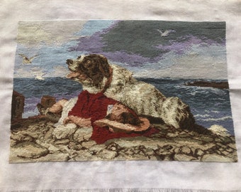 May include: A cross-stitch embroidery depicting a dog and a child sleeping on a rocky shore. The dog is white and brown, and the child is wearing a red shirt. The background is a cloudy sky with seagulls flying overhead.