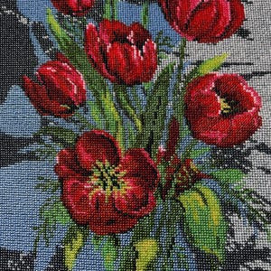 Finished picture embroidered by hand beads purple gift full sewing  Embroidered picture Still life Wall decor Tulips