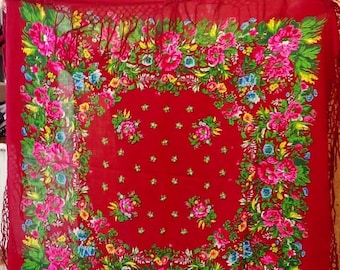 Huge Lovely scarf Soviet Wool Floral russian scarf Romanian shawl Bright huge shawl Old scarf  wedding tablecloth  Scarf
