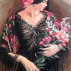 New Finished completed Cross stitch embroidery Gift Embroidered picture counting cross Beautiful Spaniard woman with a bouquet portrait