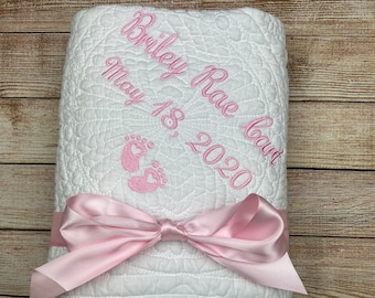 Nursery embroidery crib quilt girl, Monogrammed baby blanket personalized girl quilt, Embroidered baby baptism blanket girl
