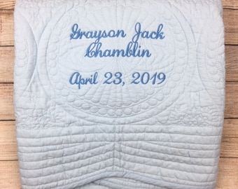 Toddler Quilt Boy First Birthday Gift Nephew, Baby Blanket with Name, Embroidered Blanket Baby Quilt, Embroidered Birth Date, White and Blue