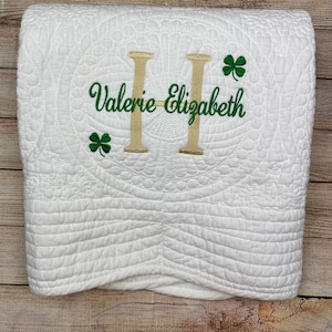 Irish baptism christening baby blanket, baptism gift for godson, baptism gift for goddaughter, personalized baby quilt white green shamrock