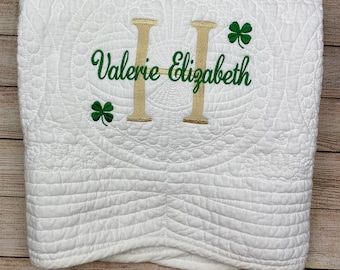 Irish baptism christening baby blanket, baptism gift for godson, baptism gift for goddaughter, personalized baby quilt white green shamrock