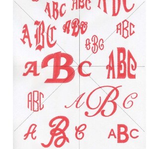 May include: A chart of different monogram fonts in red. The fonts are arranged in five rows, with each row labeled with a font name. The fonts include Allegra, Bernhard, Bradley, Cicero, Darasiel, Delorita, Design, Diamond, Elegance, Naori, Round, Slim Script, Special Script, and Vogue.