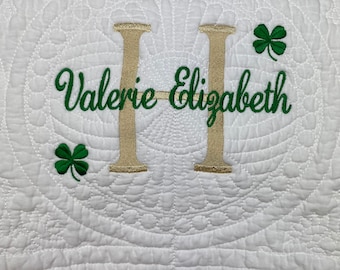 Irish baptism christening baby blanket, baptism gift for godson, baptism gift for goddaughter, personalized baby quilt white green shamrock