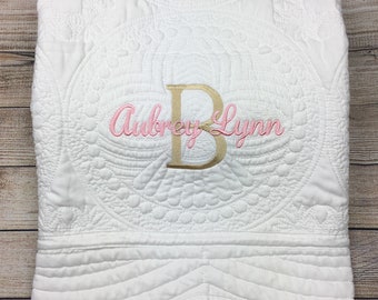Personalized Baby Quilt Embroidered Name Keepsake Cotton Baby Shower Gift Neutral Monogram Newborn Blanket Heirloom Nursery Decor
