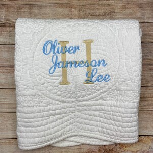 Monogrammed White Baby Quilt, Personalized Baby Blanket with Blue Name Gold Initial, New Baby Gift, Baby Boy Quilt, Crib Blanket