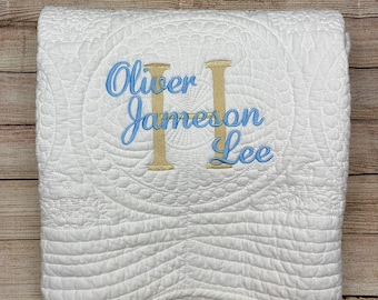 Monogrammed White Baby Quilt, Personalized Baby Blanket with Blue Name Gold Initial, New Baby Gift, Baby Boy Quilt, Crib Blanket