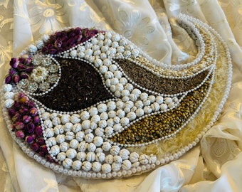 Sofreh aghd seven spices tray, paisley spice tray for wedding ceremony with rose buds and noghl, pearl trim tray