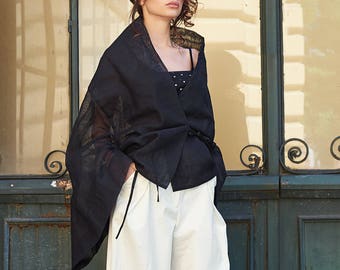 Chaqueta kimono de lino negro: Top transparente de estilo japonés