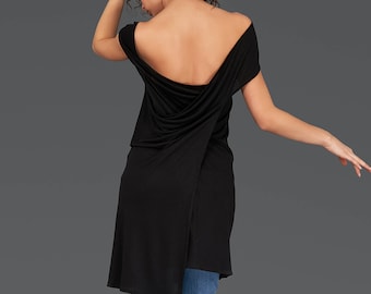 Black Top, Sexy Top, Open Back Top, Cocktail Top, Tunic Top, Plus Size Blouse, Drape Top, Off Shoulder Top, Asymmetric Top, Black Blouse,